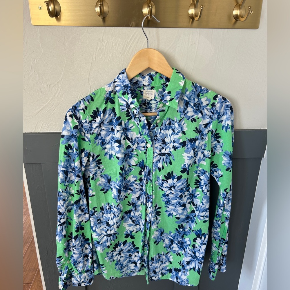 J. CREW Green Blue Floral Print Button-Down Long Sleeve Cotton “Perfect” Shirt